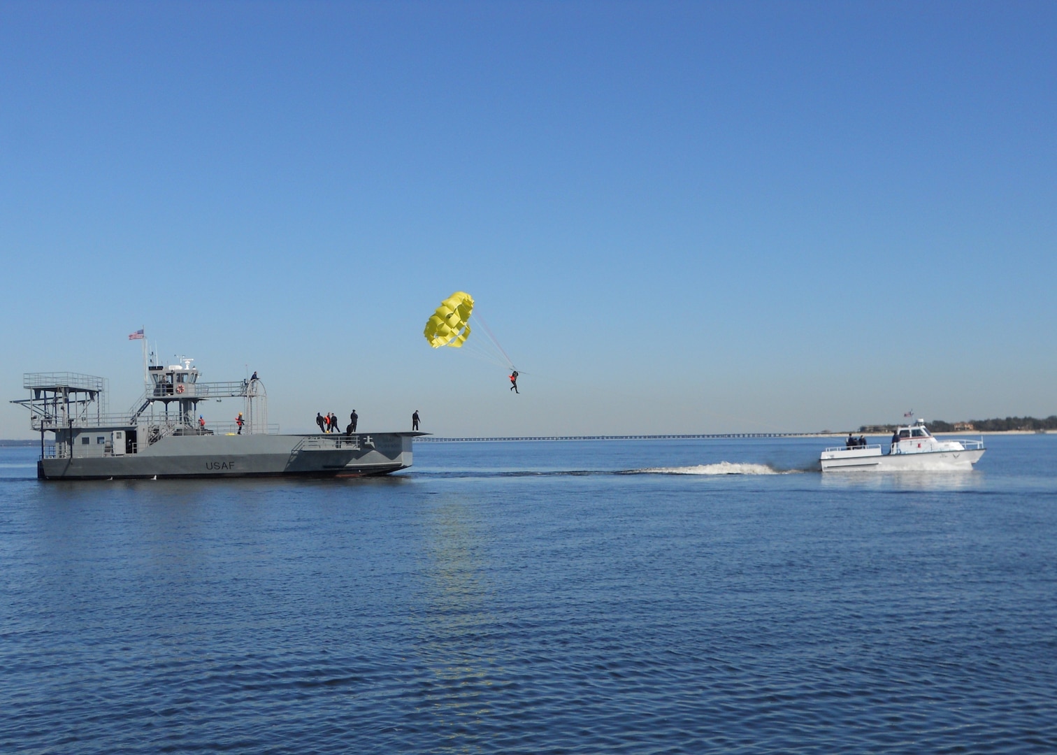 A student is launched for parasail training from the Big Dawg’s front flight deck.