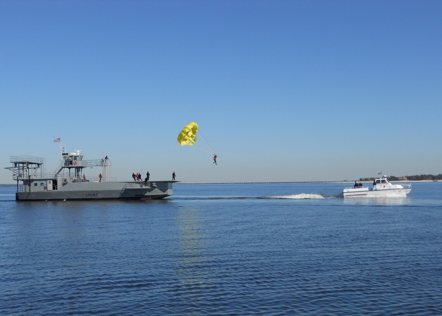 A student is launched for parasail training from the Big Dawg’s front flight deck.