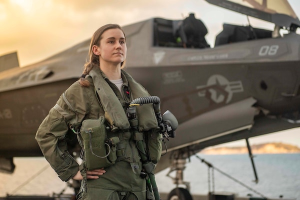 U.S. Air Force pilot Captain Melanie Ziebart, one of six Air Force pilots flying F-35B Lightning II stealth multirole fighters in Marine squadrons to disseminate inter-Service tactics and strengthen joint force capabilities, on flight deck of amphibious assault ship USS America, flies with 31st Marine Expeditionary Unit Marine
Fighter Attack Squadron (VMFA) 121 Green Knights, Gulf of Thailand, March 7, 2020 (U.S. Navy/Jonathan Berlier)