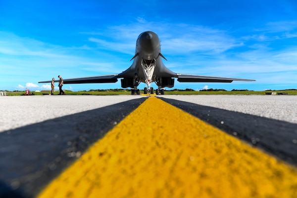 B-1B Lancer assigned to 28th Bomb Wing, Ellsworth Air Force Base, South Dakota, undergoes preflight maintenance at Andersen Air Force Base, Guam, September 25, 2020, while participating in exercise Valiant Shield (U.S. Air Force/Nicolas Z. Erwin)