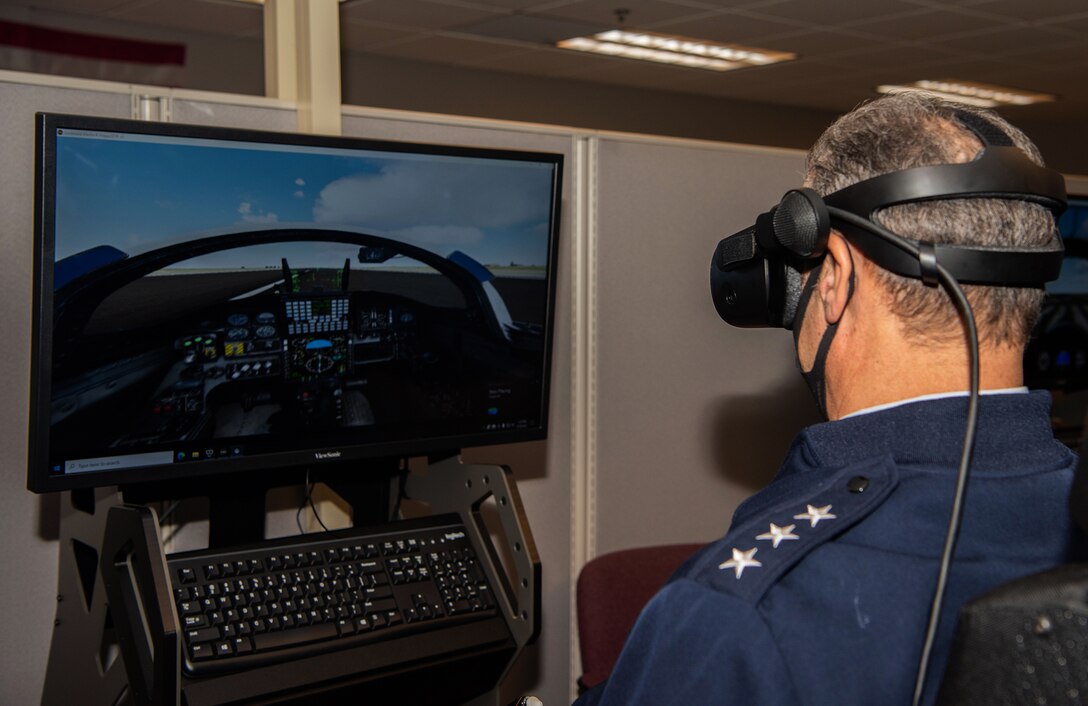 Lt. Gen. Joseph Guastella flies a virtual reality simulator at Vance Air Force Base March 26 as part of an immersion briefing on Undergraduate Pilot Training 2.5.