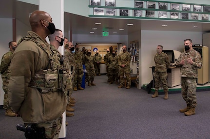 Maj. Gen. Torrence Saxe, adjutant general of the Alaska National Guard speaks to the 268th Security Forces Squadron during his visit to Clear Air Force Station, Alaska, March 24, 2021. (U.S. Army National Guard photo by Victoria Granado)