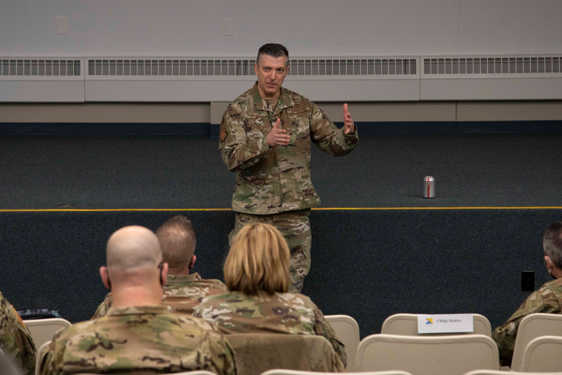 Maj. Gen. Torrence Saxe, adjutant general of the Alaska National Guard meets with Airman and Soldiers to discuss strategy and leadership skills in Eielson Air Force Base, Alaska, March 23, 2021. (U.S. Army National Guard photo by Victoria Granado)