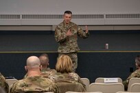 Maj. Gen. Torrence Saxe, adjutant general of the Alaska National Guard meets with Airman and Soldiers to discuss strategy and leadership skills in Eielson Air Force Base, Alaska, March 23, 2021. (U.S. Army National Guard photo by Victoria Granado)