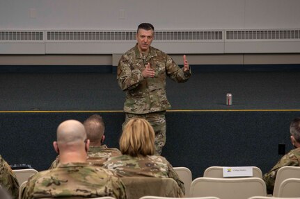 Maj. Gen. Torrence Saxe, adjutant general of the Alaska National Guard meets with Airman and Soldiers to discuss strategy and leadership skills in Eielson Air Force Base, Alaska, March 23, 2021. (U.S. Army National Guard photo by Victoria Granado)