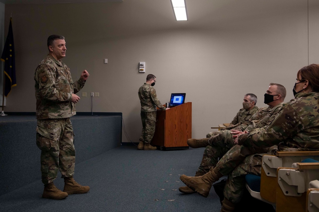 Maj. Gen. Torrence Saxe, adjutant general of the Alaska National Guard meets with Airman and Soldiers to discuss strategy and leadership skills in Eielson Air Force Base, Alaska, March 23, 2021. (U.S. Army National Guard photo by Victoria Granado)