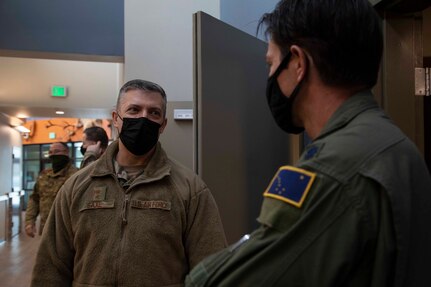 Maj. Gen. Torrence Saxe, adjutant general of the Alaska National Guard speaks with Lt. Col. Ron Oliver during a visit to Eielson Air Force Base, Alaska, March 23, 2021. (U.S. Army National Guard photo by Victoria Granado)