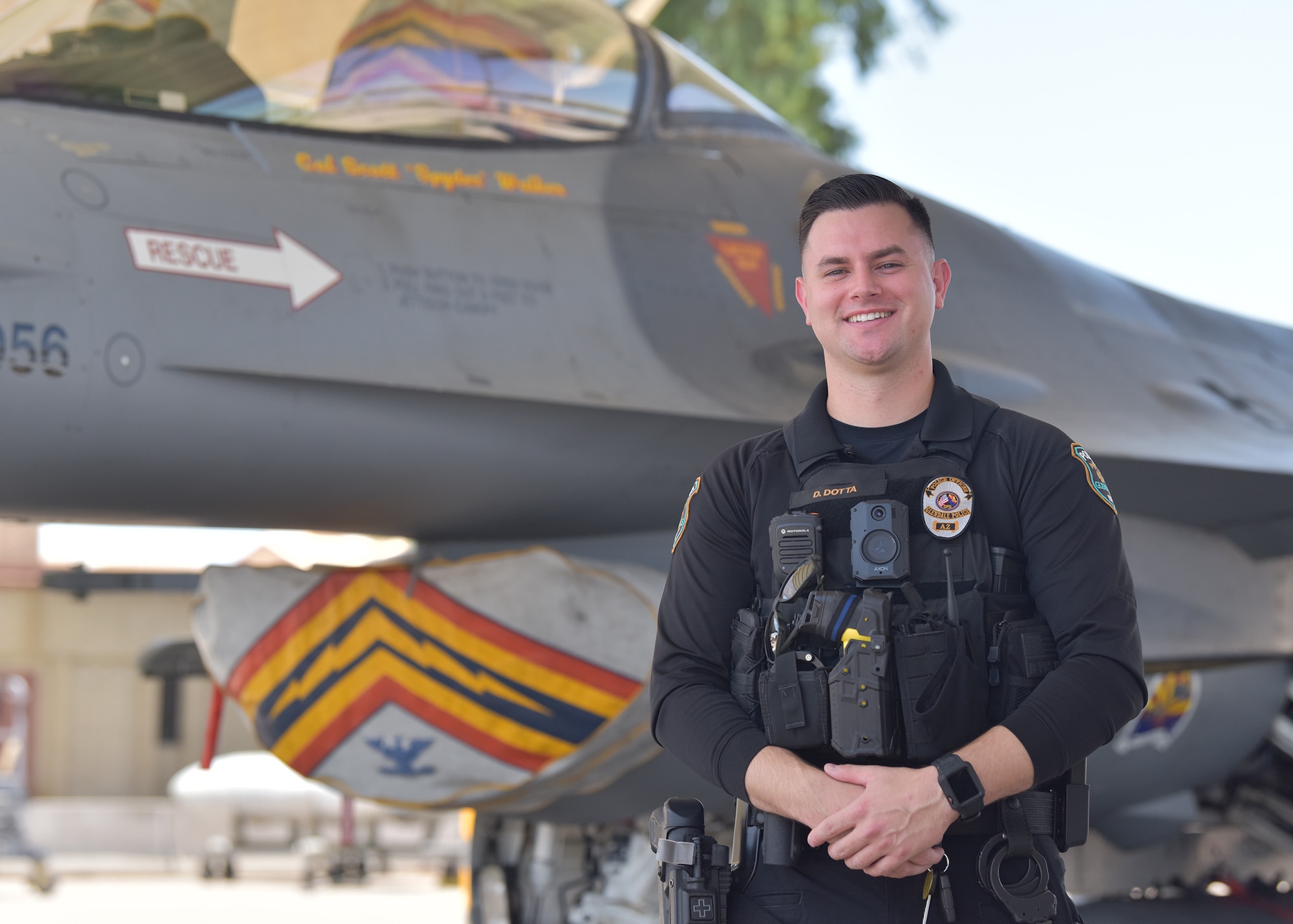 Tech. Sgt. Derrick Dotta, 944th Aircraft Maintenance F-16 crew chief and City of Glendale Police Department police officer, joined active–duty Air Force in 2010 and worked as a C-130 crew chief at Little Rock Air Force Base, Arkansas. While there he left active-duty, joined the Reserve and moved to work on the F-16 at Luke Air Force Base, Arizona.