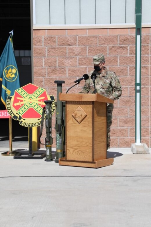 Army Maj. Gen. Matthew McFarlane, Commander, 4th Infantry Division, gives the keynote address at the ribbon cutting ceremony for the opening of the new Ammunition Supply Point facilities on Fort Carson, CO, March 19