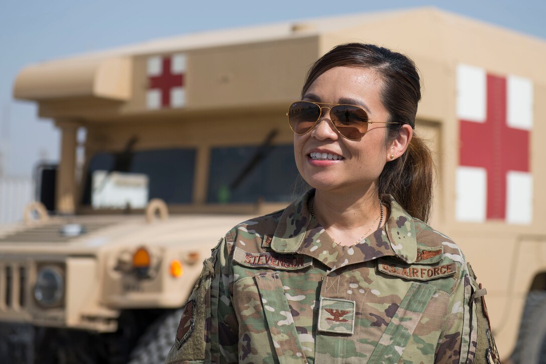 U.S. Air Force Col. Bonnie Stevenson, 380th Expeditionary Medical Group commander stands outside the medical clinic at Al Dhafra Air Base, United Arab Emirates, March 24, 2021. Stevenson joined the U.S. Air Force in 1996 after graduating from nursing school at the University of Texas Health Science Center. (U.S. Air Force photo by Staff Sgt. Zade Vadnais)