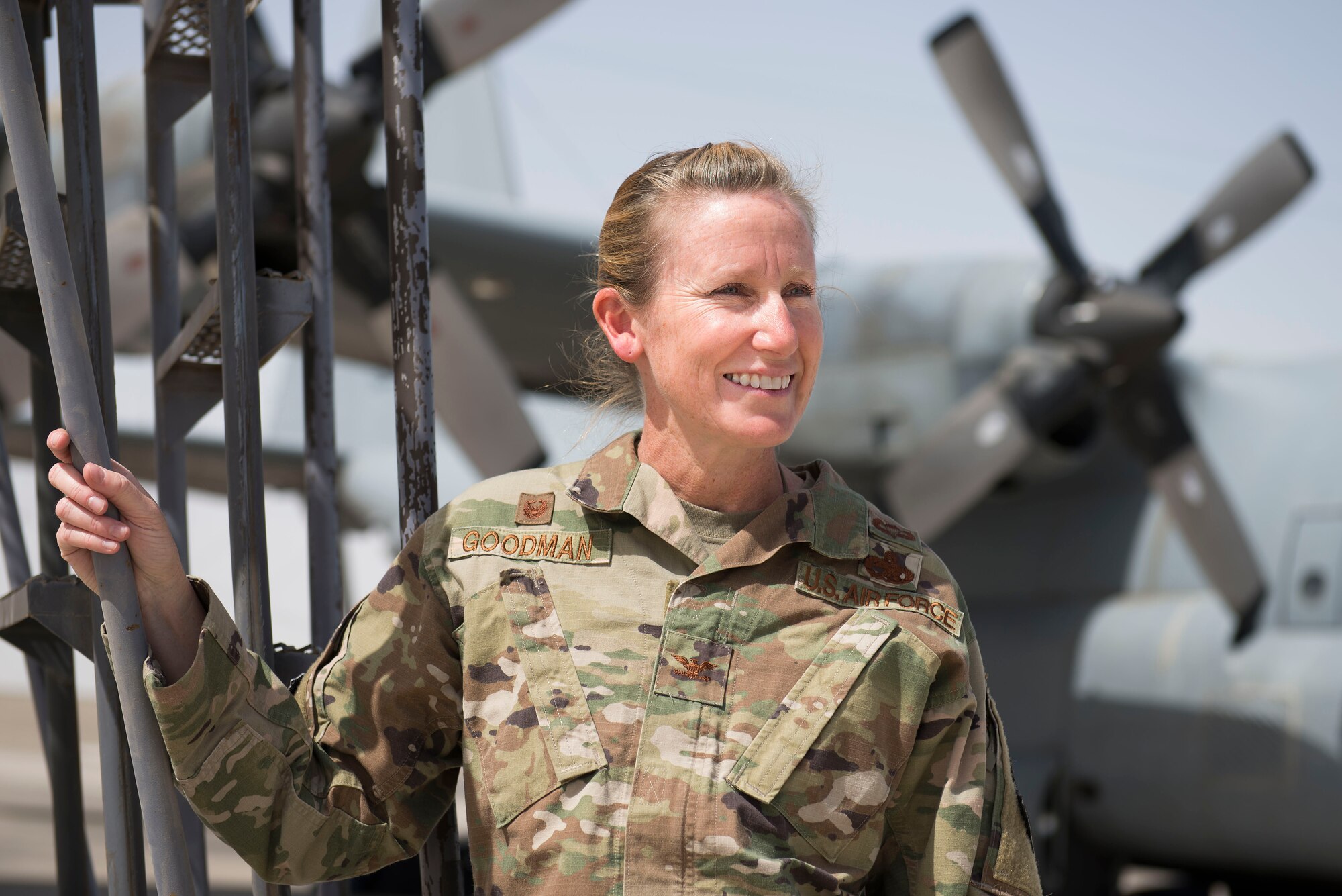 U.S. Air Force Col. Laura Goodman, 380th Expeditionary Operations Group commander stands on the flight line at Al Dhafra Air Base, United Arab Emirates, March 22, 2021. Goodman hails from Denver, Colorado, and graduated from the U.S. Air Force Academy in 1997. (U.S. Air Force photo by Staff Sgt. Zade Vadnais)