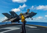 F-35B Lightning II fighter aircraft with Marine Medium Tiltrotor Squadron (VMM) 265 (Reinforced), 31st Marine Expeditionary Unit, takes off from flight deck of USS America during air defense exercise, Philippine Sea, March 23, 2020 (U.S. Marine Corps/Isaac Cantrell)
