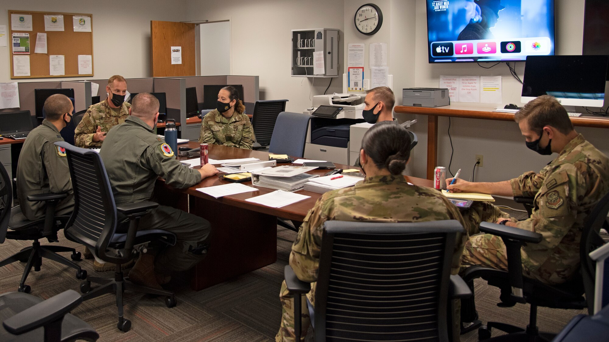 U.S. Air Force Col. Ben Jonsson, 6th Air Refueling Wing commander and Chief Master Sgt. Shae Gee, 6th Air Refueling Wing command chief attend a pre-flight briefing, March 30, 2021, at MacDill Air Force Base, Fla.
