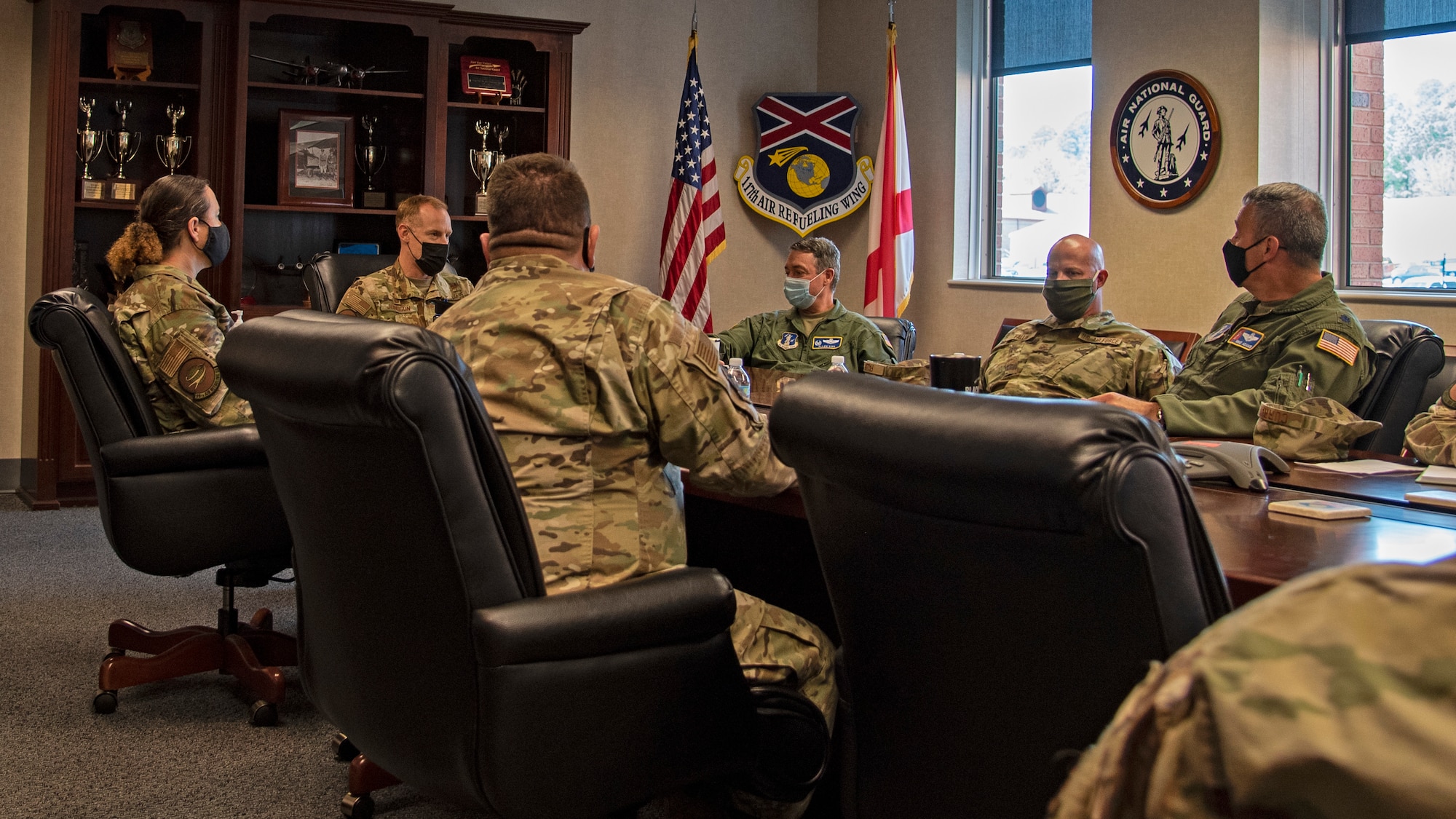 U.S. Air Force Col. Ben Jonsson, 6th Air Refueling Wing commander and Chief Master Sgt. Shae Gee, 6th Air Refueling Wing command chief attend a mission brief, March 30, 2021, Sumpter Smith Joint National Guard Base, in Birmingham, Ala.