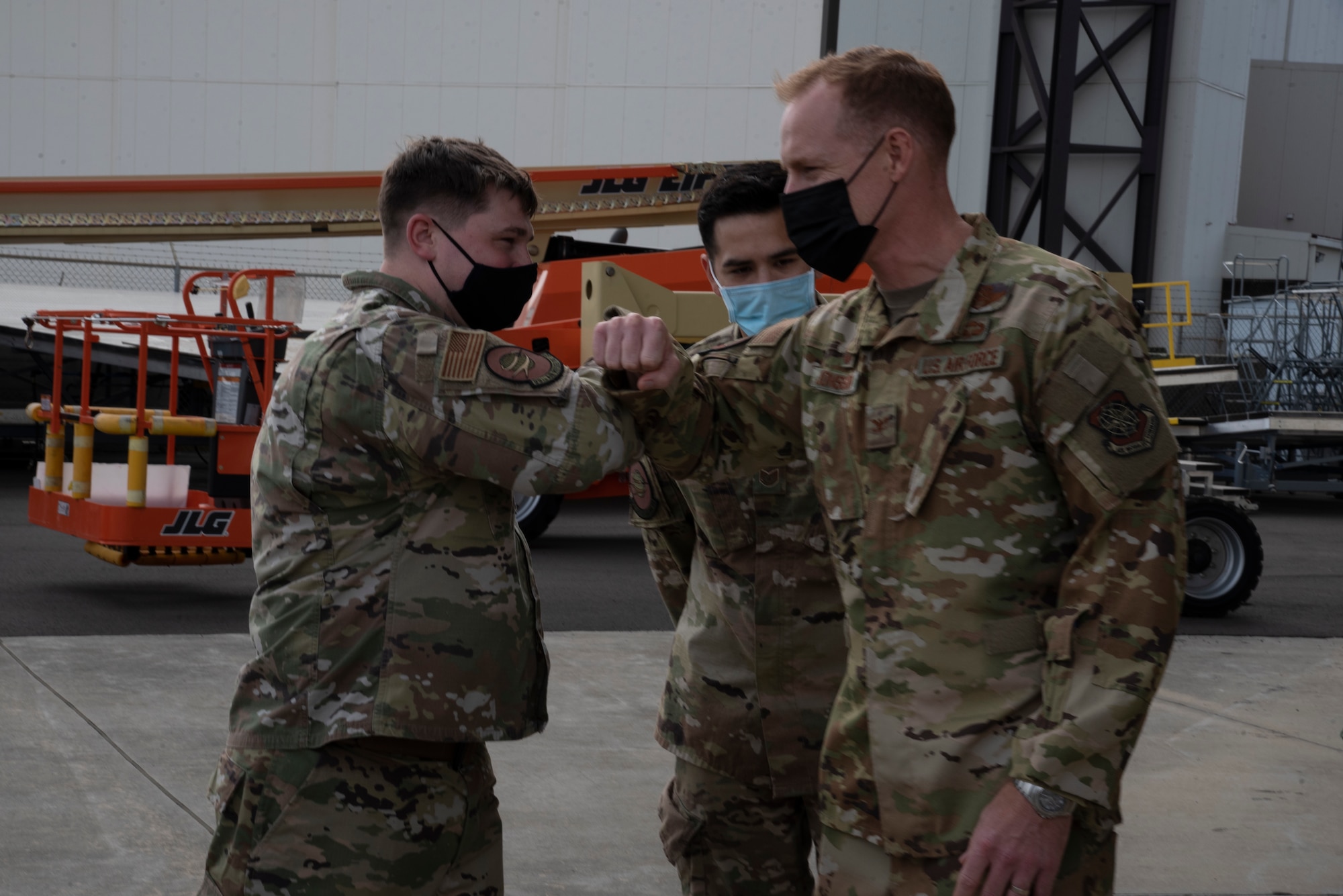 U.S. Air Force Col. Ben Jonsson, 6th Air Refueling Wing greets Airmen assigned to the 99th Air Refueling Squadron, at Sumpter Smith Joint National Guard Base, in Birmingham, Ala., March 30, 2021.