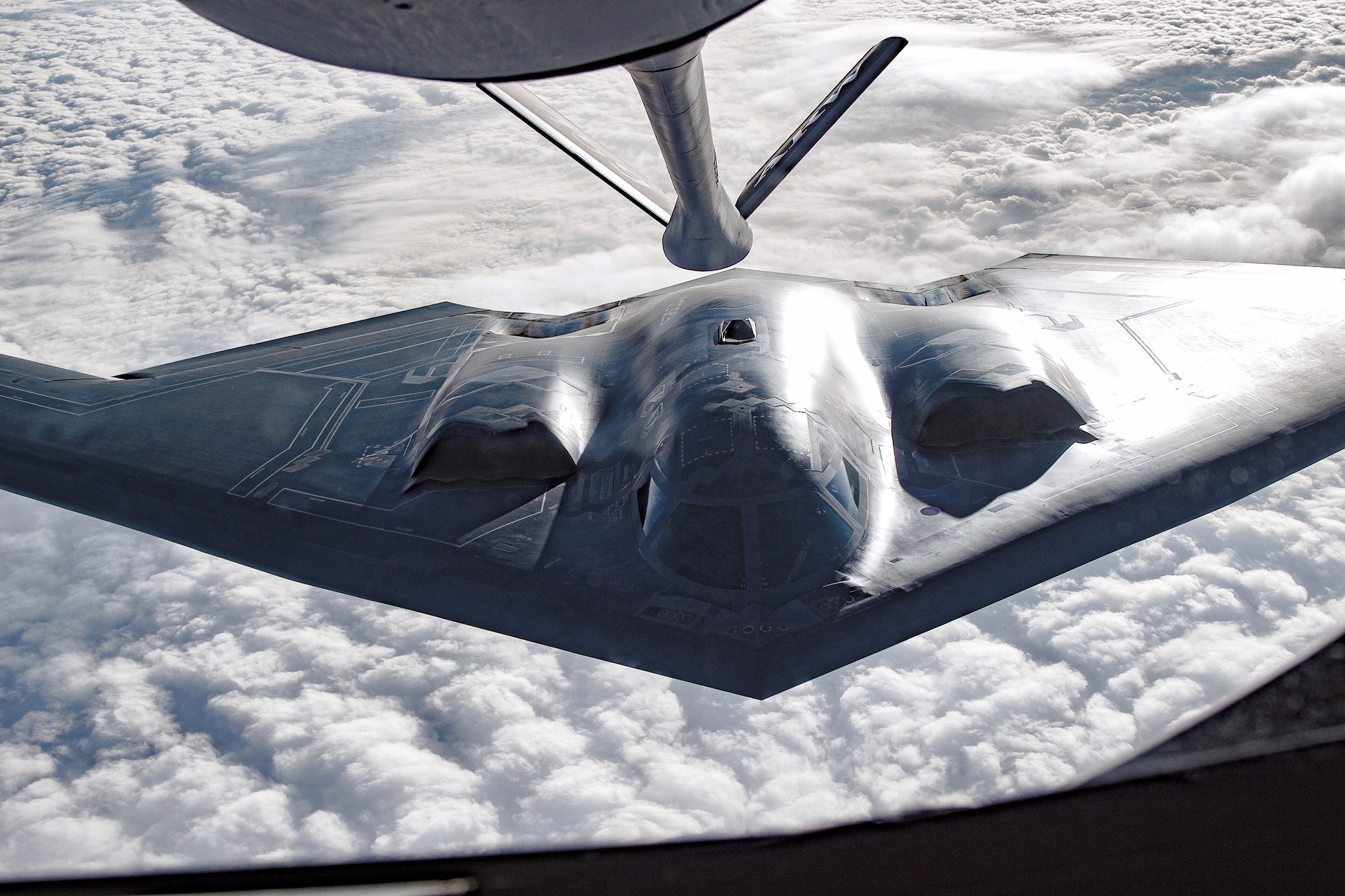 A U.S. Air Force B-2 Spirit bomber is refueled, April, 24, 2018. Royal Air Force Fairford supports deployments of both bombers and tankers. (Courtesy photo)