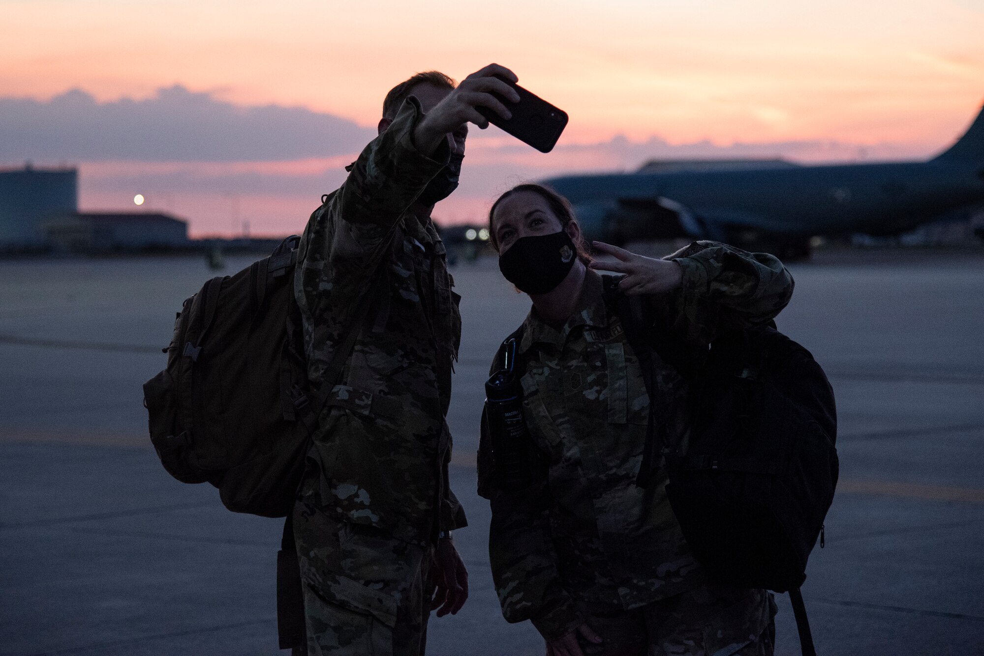 U.S. Air Force Col. Ben Jonsson, 6th Air Refueling Wing commander and Chief Master Sgt. Shae Gee, 6th Air Refueling Wing command chief take a selfie March 30, 2021, at MacDill Air Force Base, Fla