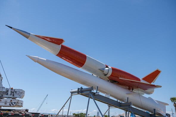 A restored Navaho XSM-64 Missle is put on display at Cape Canaveral Space Force Station, Fla., March 27, 2021. Considered the most advanced aircraft in its day, the Navaho was envisioned in 1947 as a pilotless bomber capable of carrying a weapons payload a distance of 5,500 miles. (U.S. Space Force photo by Joshua Conti)