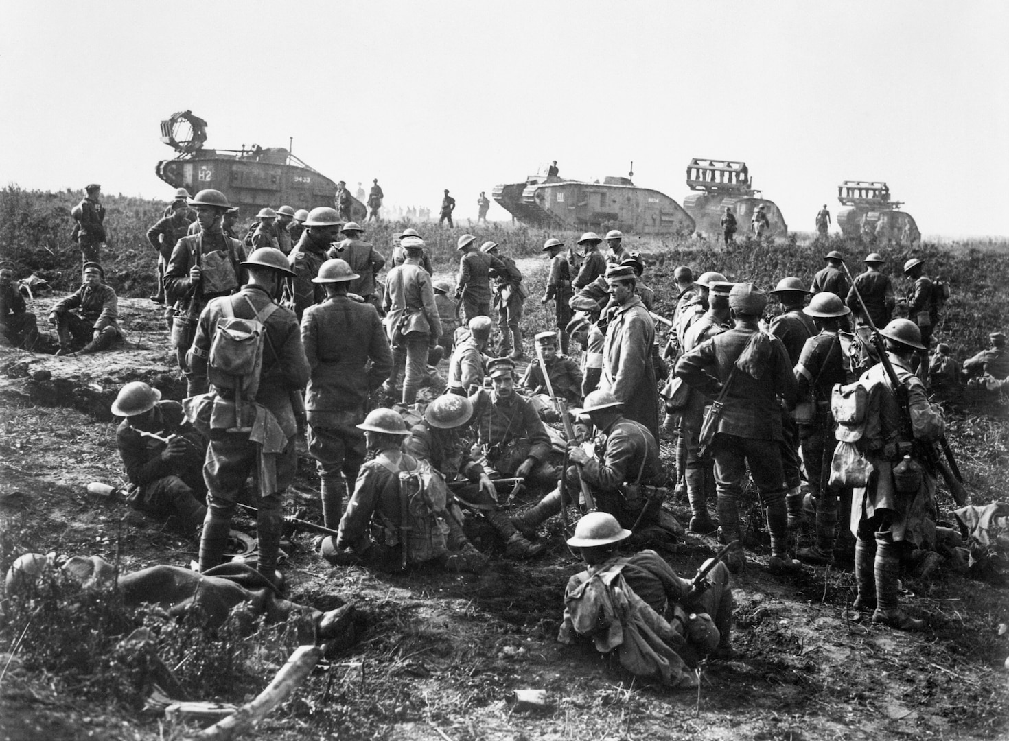 Men of Nottinghamshire and Derbyshire Regiment (The Sherwood Foresters) marching along Amiens-St. Quentin Road, from Foucancourt, near Brie, Somme, March 1917, after German withdrawal to Hindenburg Line (Courtesy Imperial War Museum/Ernest Brooks)