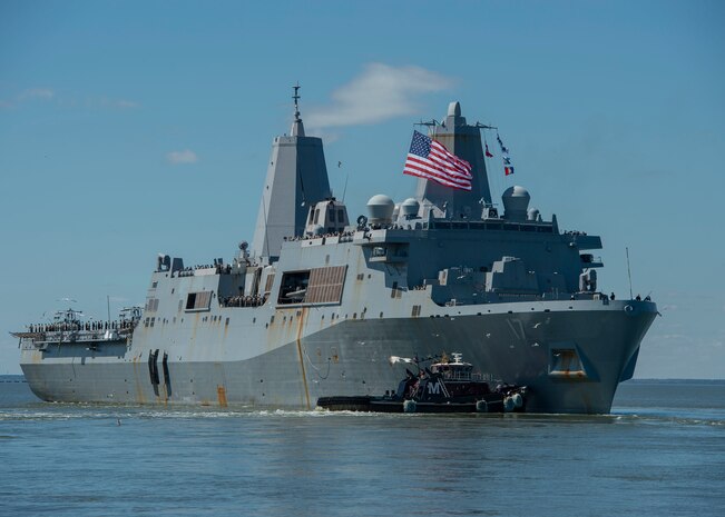 The transport dock ship USS San Antonio (LPD 17) gets underway out of Naval Station Norfolk.