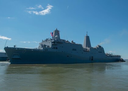 The transport dock ship USS San Antonio (LPD 17) gets underway out of Naval Station Norfolk.