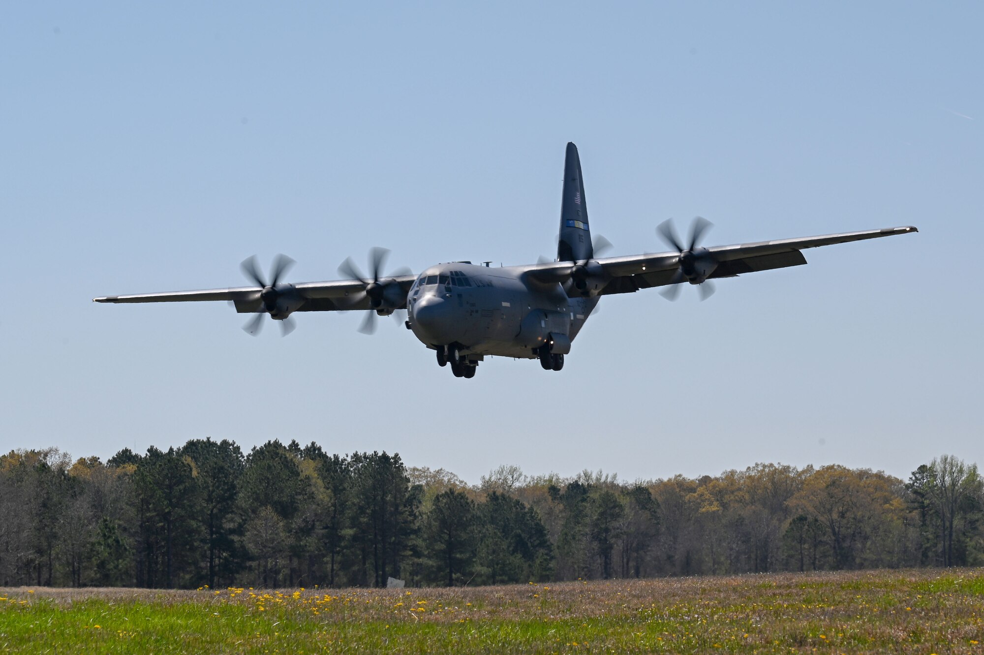 A C-130J flys during a Turkey Shoot competition at Little Rock Air Force Base, Arkansas