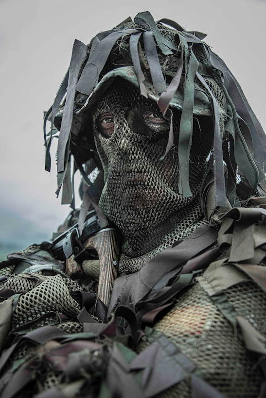 Soldier from North Macedonia in full “ghillie suit” camouflage during Immediate Response 19, in Croatia, May 29, 2019 (Courtesy NATO)