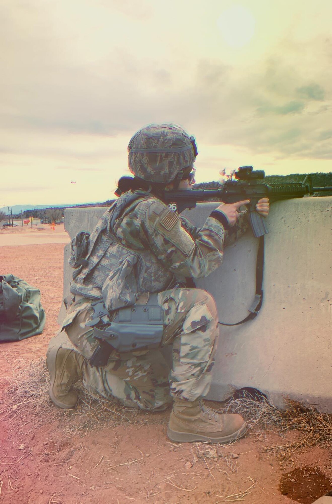 Staff Sgt. Ruby Beilfuss fires her weapon during an exercise at Ft. Carson, Colorado, 2019.