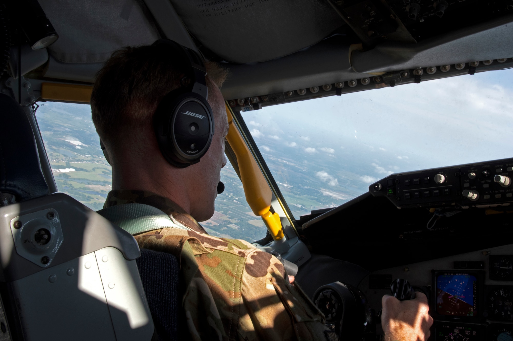 U.S. Air Force Col. Ben Jonsson, 6th Air Refueling Wing commander operates the controls of a KC-135 Stratotanker aircraft, March 30, 2021.