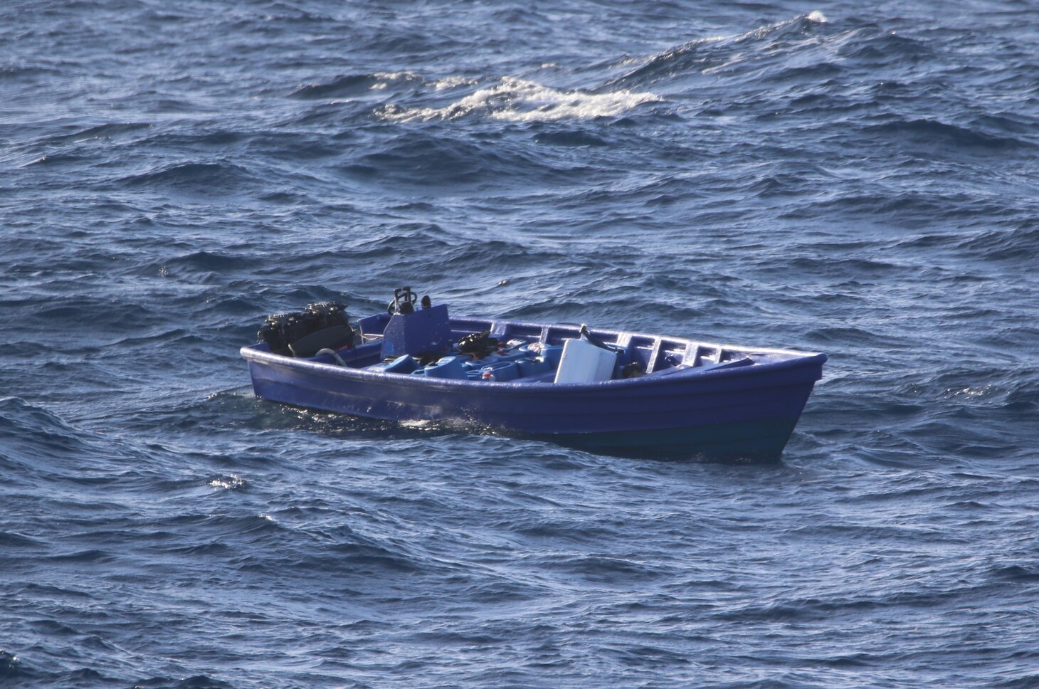 The Freedom-variant littoral combat ship USS Wichita (LCS 13), with embarked U.S. Coast Guard (USCG) Law Enforcement Detachment (LEDET) 402, intercepts a suspect go fast vessel during  counter-narcotics operations.