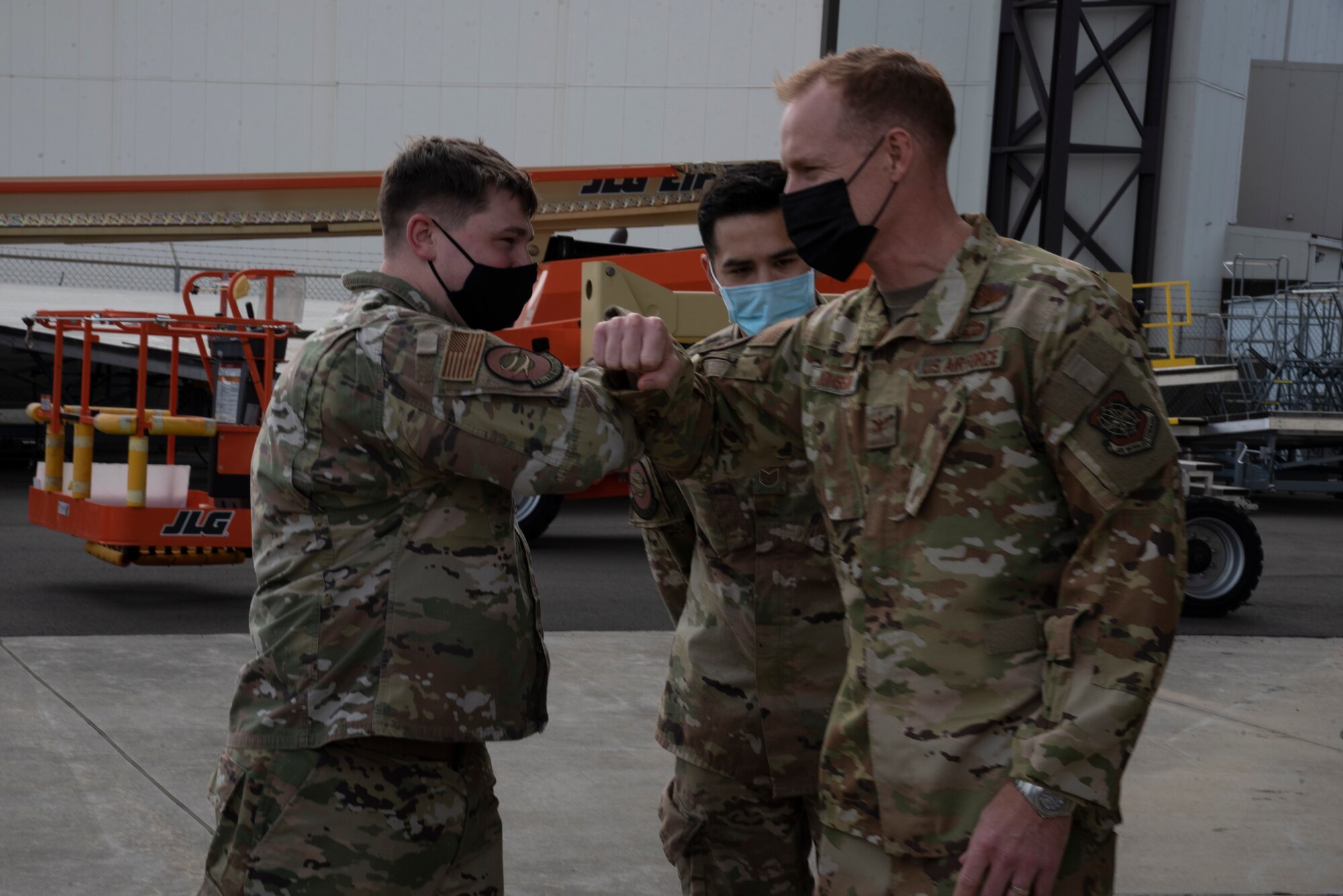 U.S. Air Force Col. Ben Jonsson, 6th Air Refueling Wing greets Airmen assigned to the 99th Air Refueling Squadron, at Sumpter Smith Joint National Guard Base, in Birmingham, Ala., March 30, 2021.