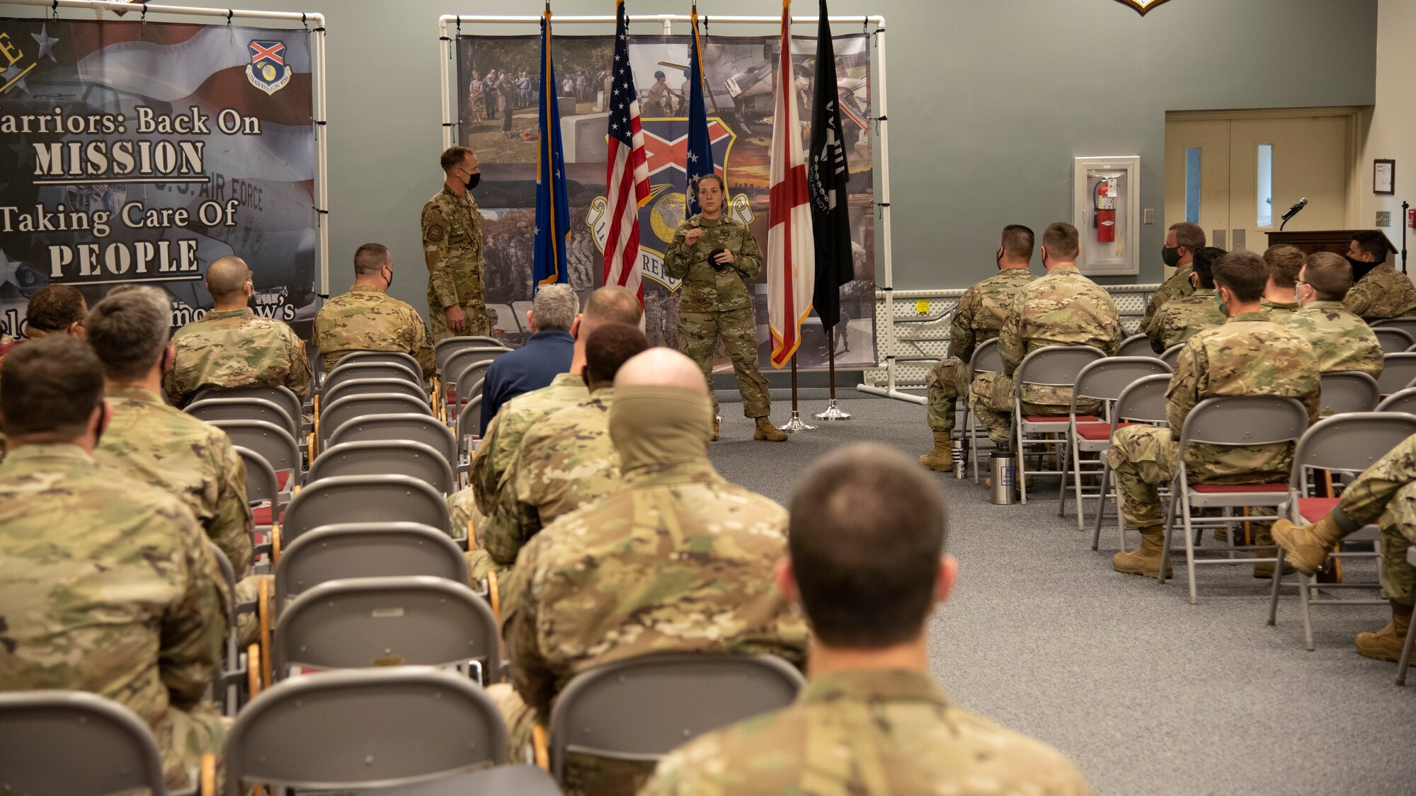 U.S. Air Force Chief Master Sgt. Shae Gee, 6th Air Refueling Wing command chief delivers remarks during an all call, at Sumpter Smith Joint National Guard Base, in Birmingham, Ala., March 30, 2021.