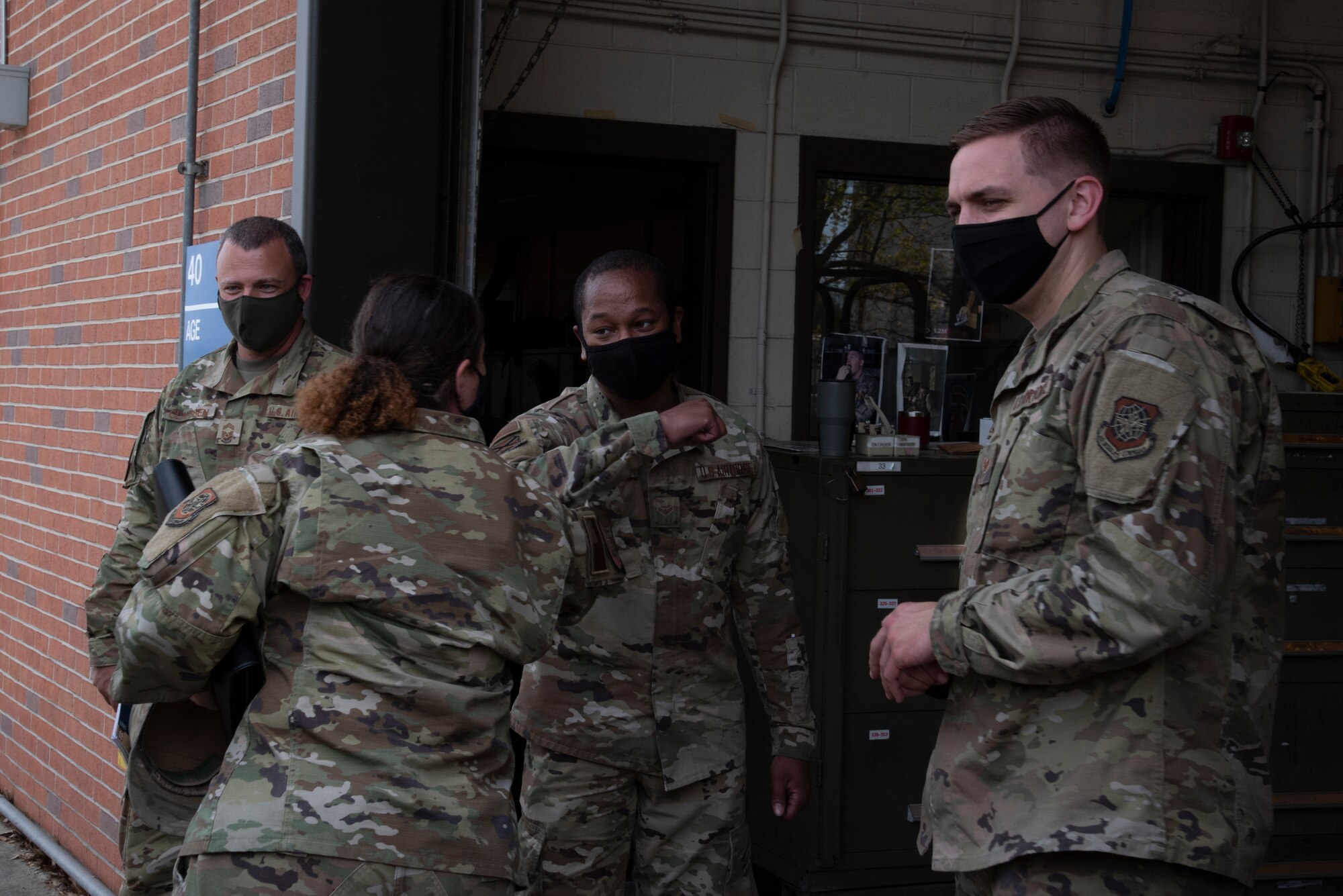U.S. Air Force Chief Master Sgt. Shae Gee, 6th Air Refueling Wing command chief greets Airmen assigned to the 99th Air Refueling Squadron, at Sumpter Smith Joint National Guard Base, in Birmingham, Ala., March 30, 2021.