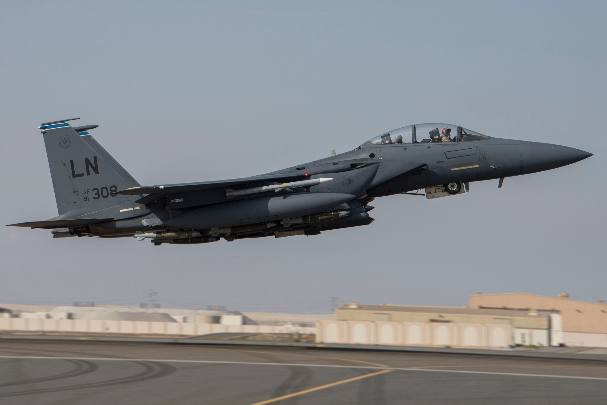 A U.S. Air Force F-15E Strike Eagle from the 494th Expeditionary Fighter Squadron (EFS) takes off from Al Dhafra Air Base, United Arab Emirates, in support of regional security operations, April 30, 2021.