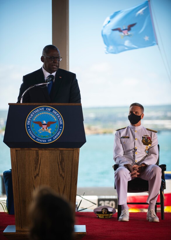 Secretary of Defense Lloyd J. Austin III speaks to an audience.