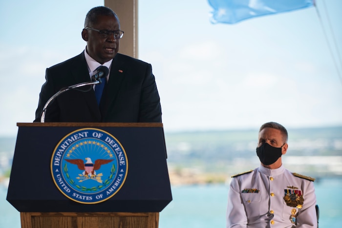 Secretary of Defense Lloyd J. Austin III speaks to an audience.