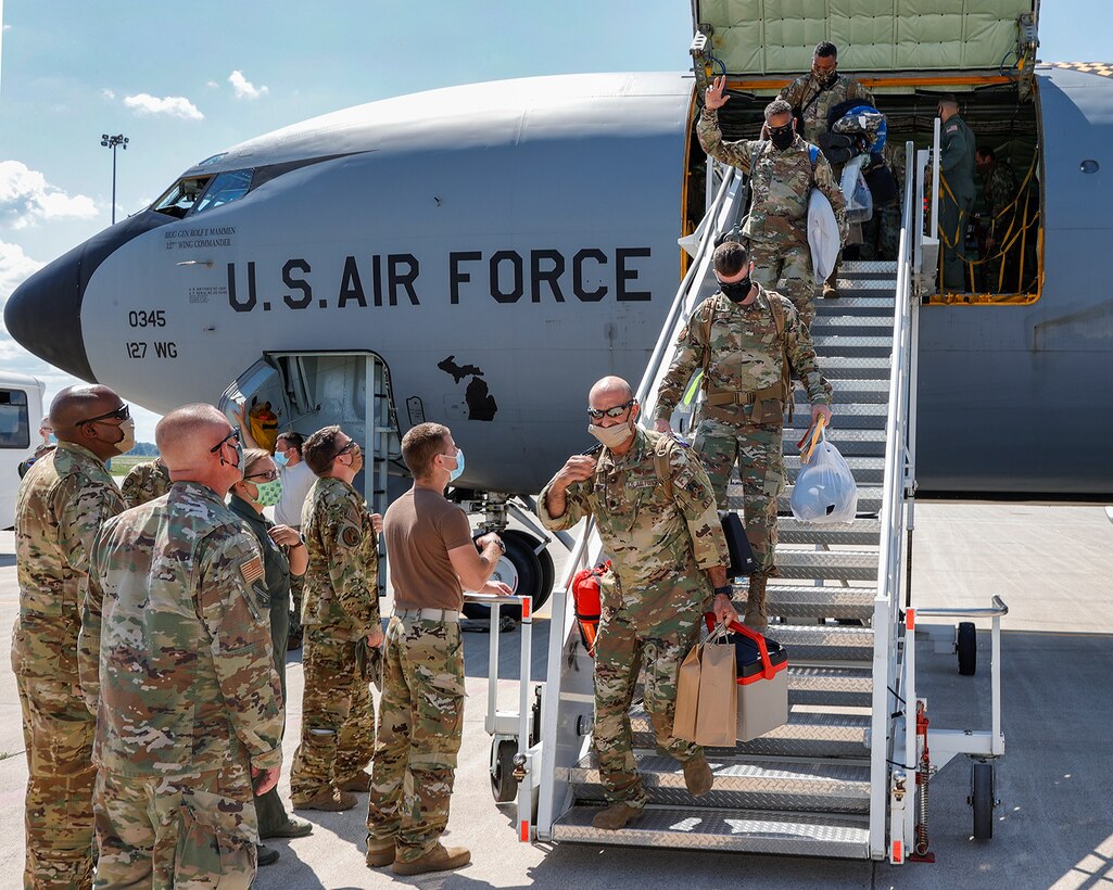 Airmen of the 127th Air Refueling Group return to their home station of Selfridge Air National Guard Base, Michigan, August 6, 2020, after a deployment to CENTCOM Area of Responsibility. The deployment for the 127th ARG was thier latest in a continuing series.  (U.S. Air National Guard Photo By Terry L. Atwell)