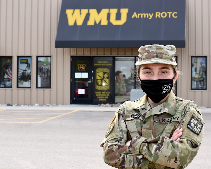 U.S. Army ROTC Cadet Carly Ness, with the Western Michigan University (WMU) Army ROTC program, poses for a portrait at the Army ROTC office in Kalamazoo, Michigan, on April 27, 2021.