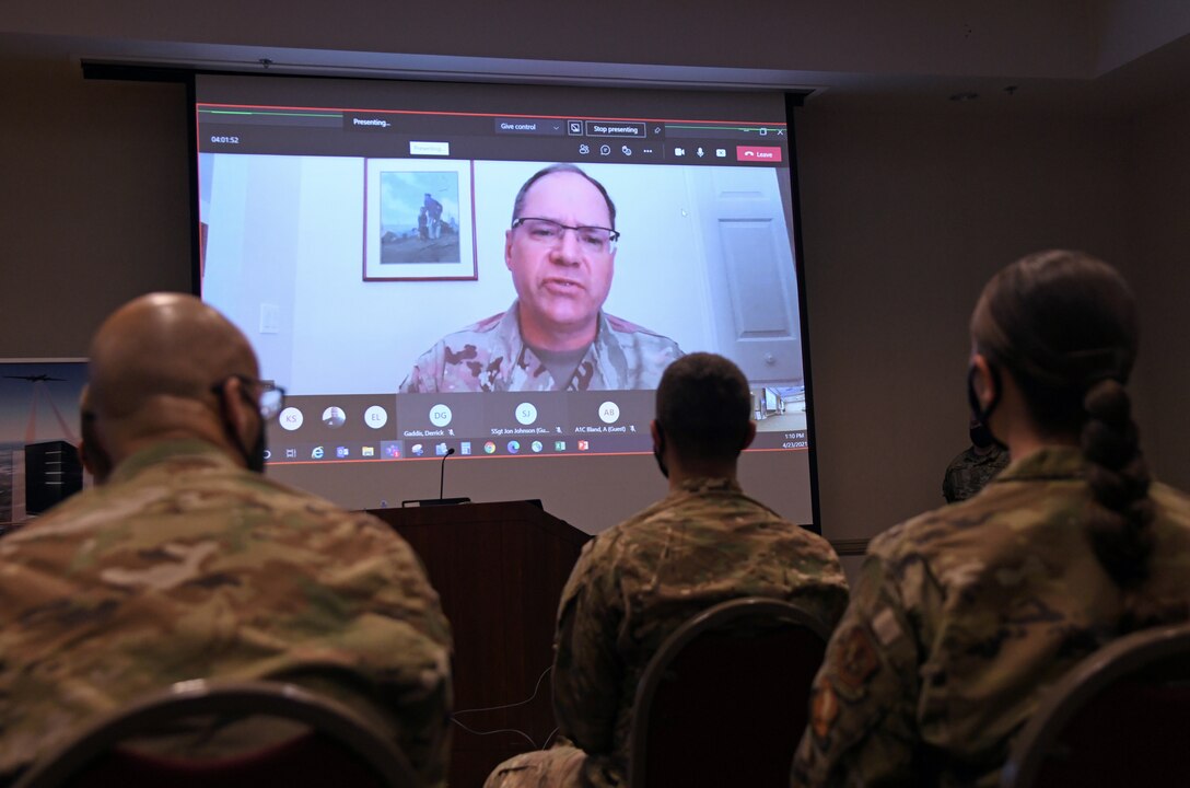 U.S. Army Maj. Gen. Paul Rogers, adjutant general and director of Michigan’s Department of Military and Veterans Affairs, speaks to a group during a joint enlisted and company grade officer professional development training April 23, 2021, at the Alpena Combat Readiness Training Center, Michigan. The training featured discussions on a variety of topics and interactions with numerous senior leaders from across the state. (U.S. Air National Guard photo by Senior Airman Tristan D. Viglianco)