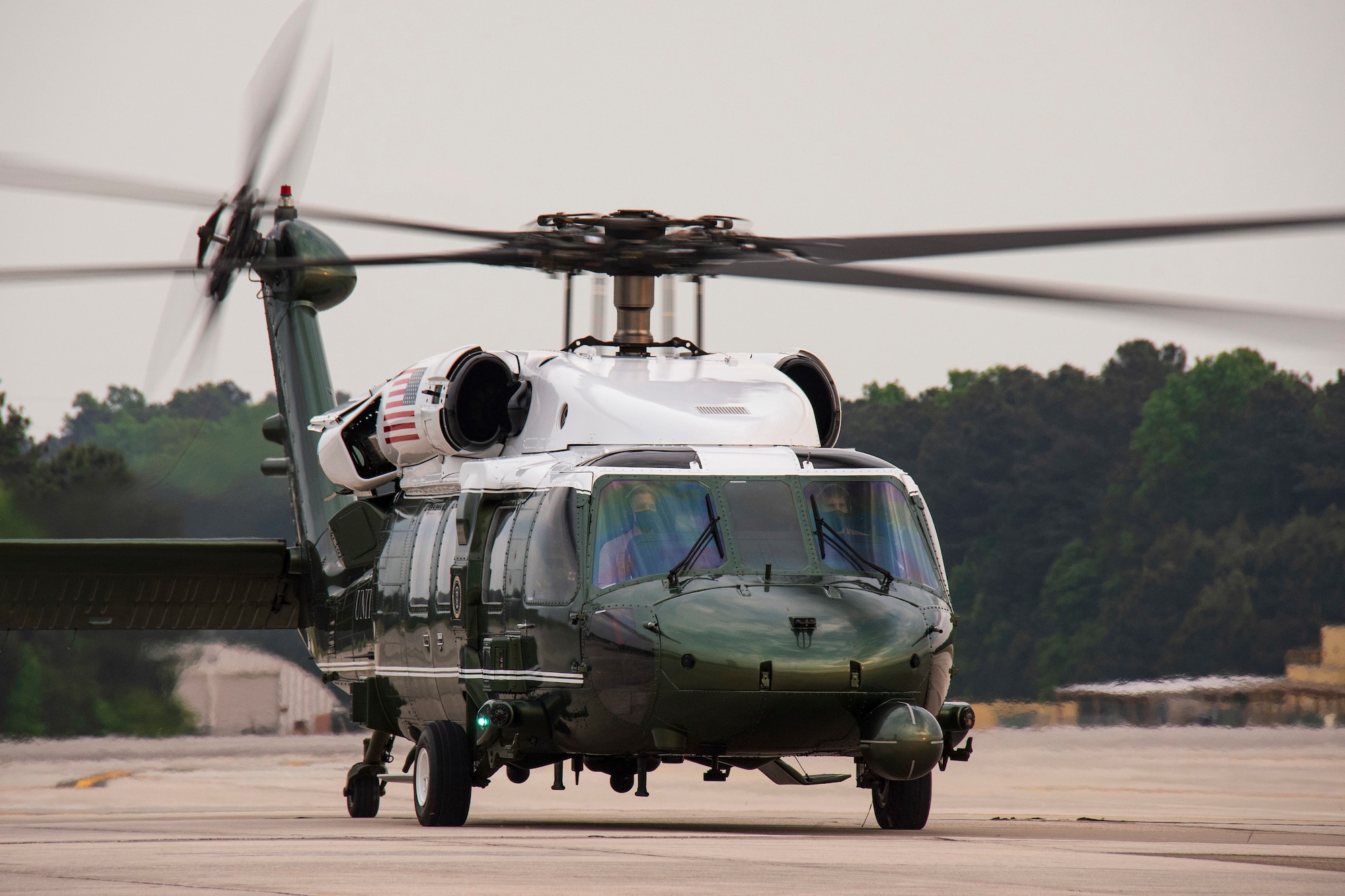 Marine One taxis on the flightline at Dobbins Air Reserve Base, Ga. on April 29, 2021. The helicopter brought President Joe Biden and first lady Jill Biden to the base where they boarded Air Force One and departed for Washington, D.C. (U.S. Air Force photo by Andrew Park)