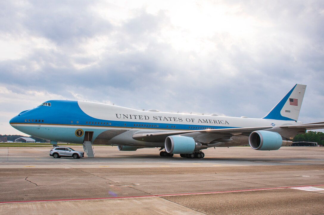 Air Force One is parked on the flightline at Dobbins Air Reserve Base, Ga. and awaits the arrival of President Joe Biden and first lady Jill Biden, April 29, 2021. The two arrived via Marine One, where they were greeted by Dobbins leadership and escorted to Air Force One. (U.S. Air Force photo by Andrew Park)