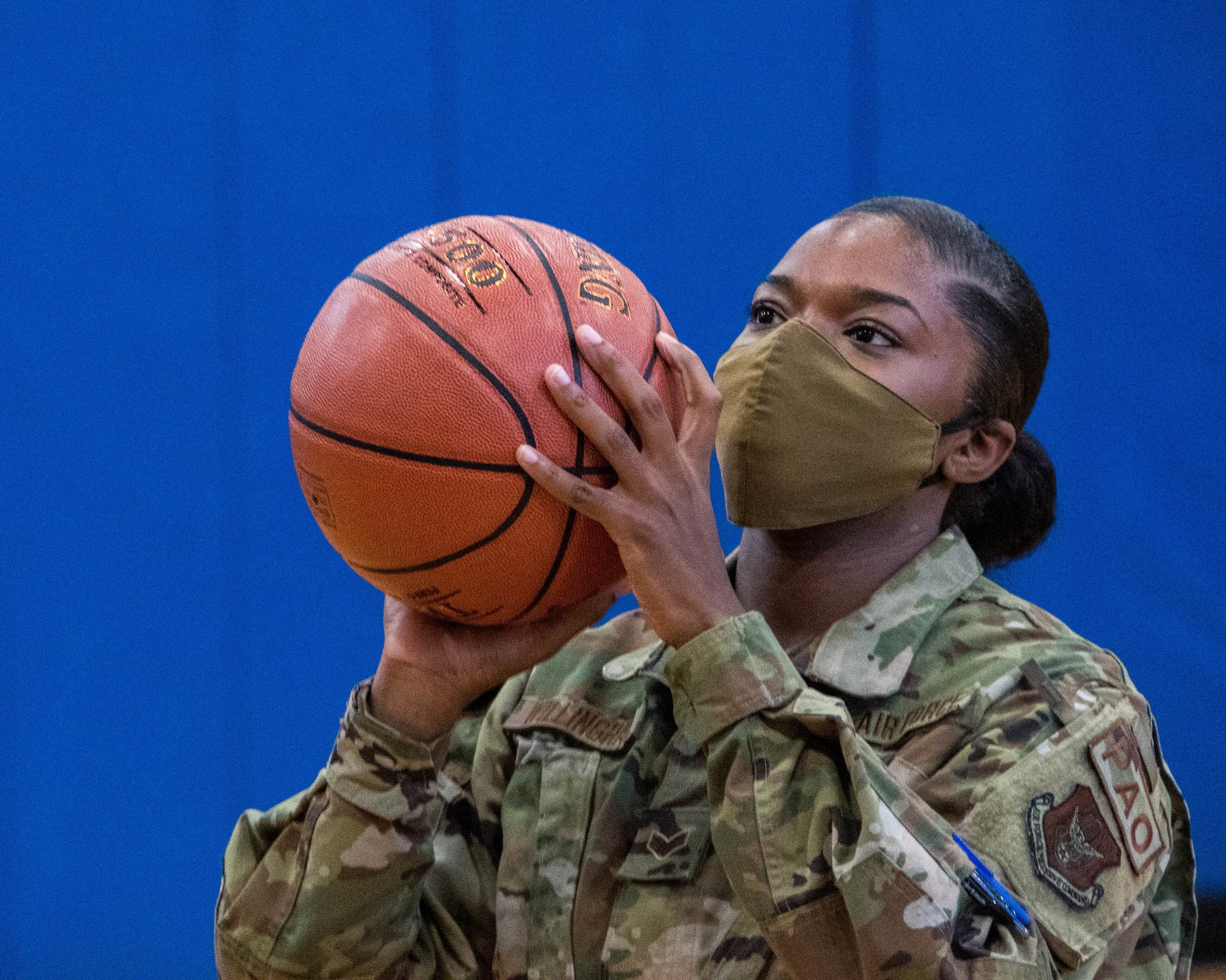 Senior Airman Kadesha Willingham, Non-Destructive Inspector for the 94th Maintenance Squadron, participates in the free throw contest held at the fitness center, May 1 at Dobbins Air Reserve Base, Ga. The 94th Force Support Squadron held a three-point and free throw contest to commemorate the reopening of the fitness center that spanned from April 30 to May 1. (U.S. Air Force photo/Staff Sgt. Josh Kincaid)