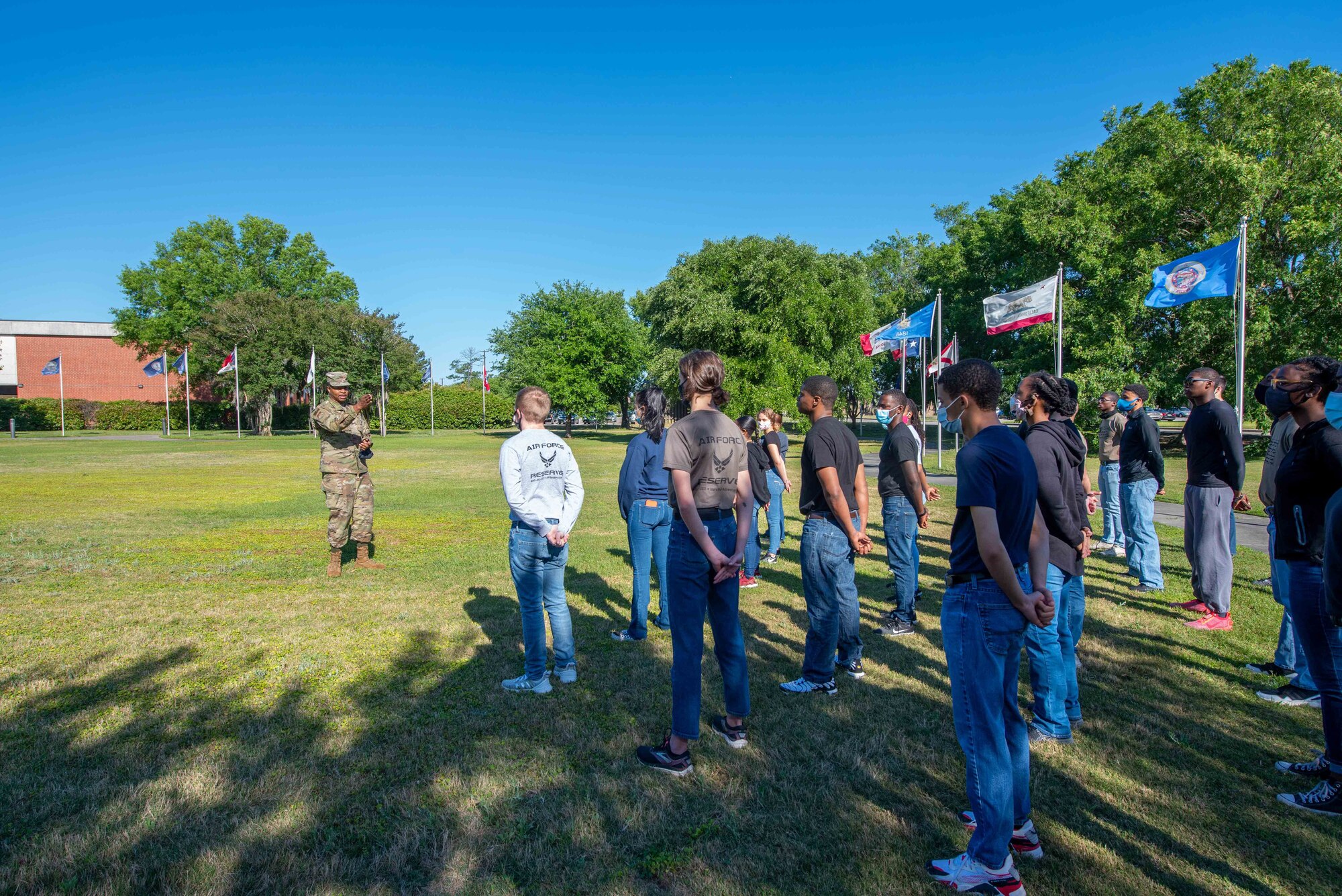 Tech. Sgt. Jontae Patterson, Development Training Flight coordinator, 315th Airlift Wing, Joint Base Charleston, South Carolina, intructs members of the development and training flight May 1, 2021, here. The development and training flight is desigened to ensure that Air Force recruits are prepared for basic training.