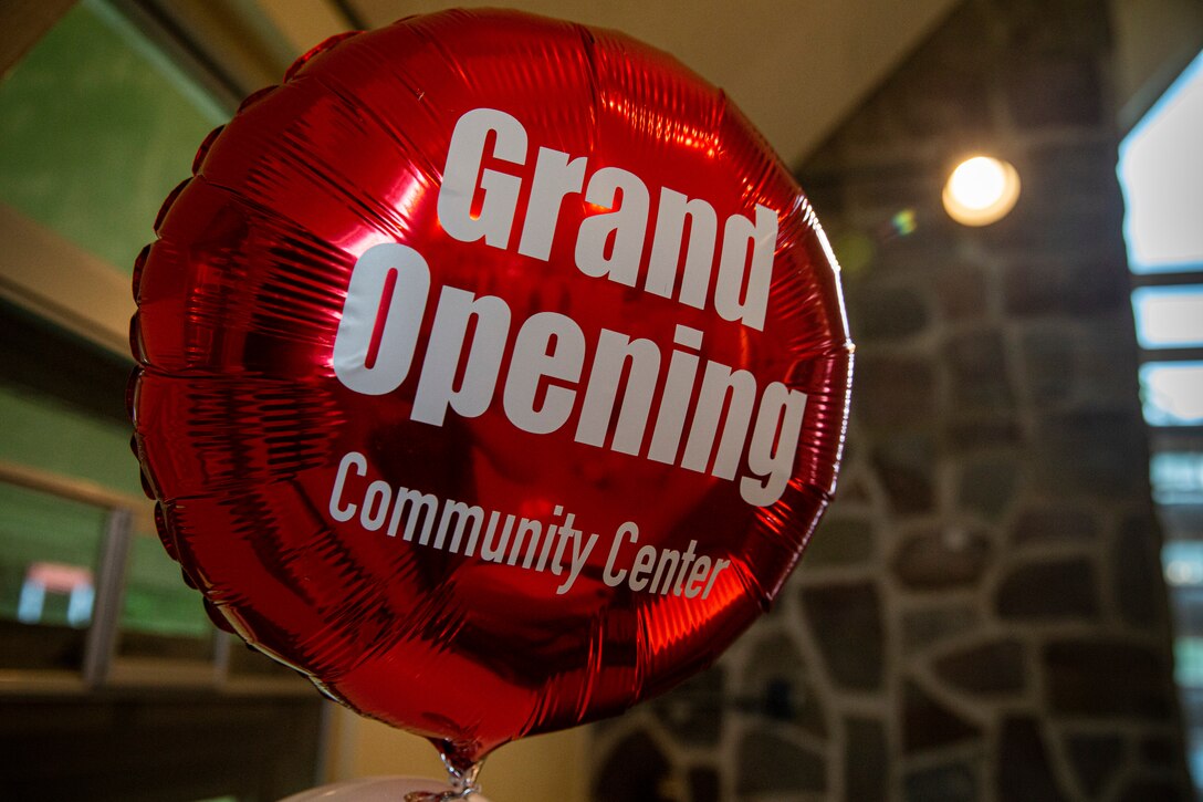 A balloon is displayed at the grand opening of the Marine Corps Community Services (MCCS) Community Center on Camp McTureous, Okinawa, Japan, April 23, 2021. MCCS hosted the grand opening of the Camp McTureous Community Center which included a ribbon cutting ceremony to celebrate its addition to the installation. The center is available for Status of Forces Agreement members and their families to rent for a wide range of activities and events. (U.S. Marine Corps photo by Lance Cpl. Alex Fairchild)
