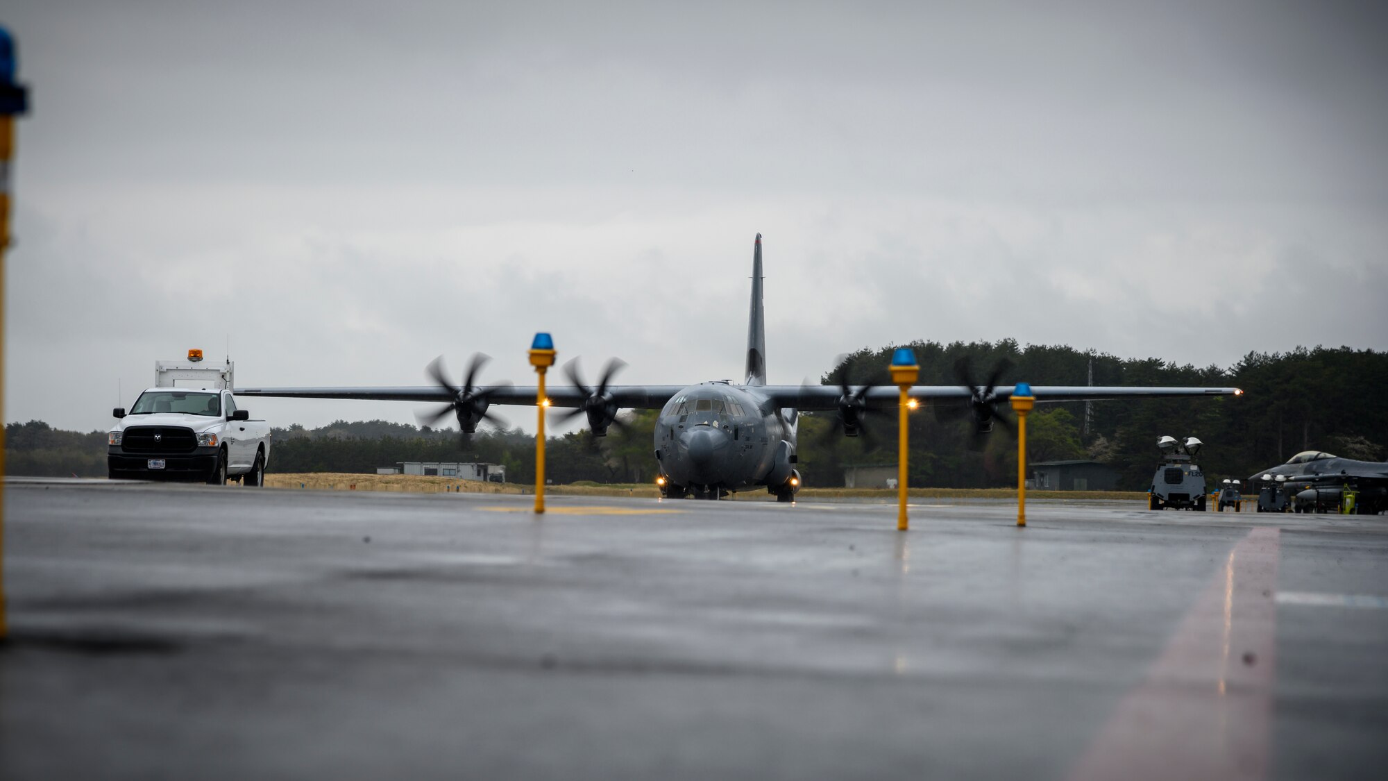 A C-130J Super Hercules from the 374th Airlift Wing taxis down the flightline during the Beverly Sunrise 21-05 Readiness Exercise at Misawa Air Base, Japan, May 2, 2021. The C-130s are transporting cargo and personnel to support the 35th Fighter Wing’s Agile Combat Employment capabilities. (U.S. Air Force photo by Airman 1st Class China M. Shock)