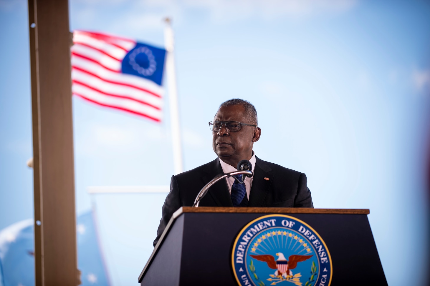 Secretary of Defense Lloyd J. Austin III delivers remarks during the change of command ceremony for U.S. Indo-Pacific Command.