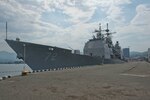 The Ticonderoga-class guided-missile cruiser USS Vella Gulf (CG 72) sits pier side in Batumi, Georgia for a scheduled port visit. Vella Gulf, homeported in Norfolk, Va., is conducting naval operations with allies in the U.S. 6th Fleet area of operations in order to advance security and stability in Europe.