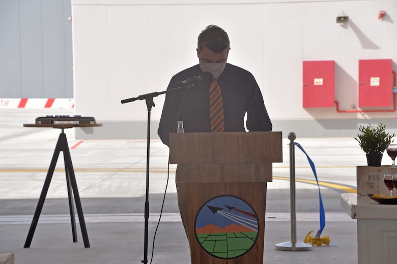 U.S. Army Corps of Engineers, Europe District Israel Area Engineer Brian Trzaska gives remarks at a ribbon-cutting ceremony March 10, 2021 celebrating the delivery of hardened hangars and associated facilities that support the Israeli Air Force’s fleet of F-35 fighter jets. The United States has partnered with Israel for several years on its F-35 program through the Foreign Military Finance, or FMF, program where the two nations partner on construction of strategic facilities. (Courtesy photo)