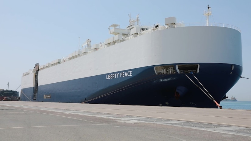 The Liberty Peace cargo vessel arrives at the industrial port of Yanbu, Kingdom of Saudi Arabia on April 20, 2021 in support of logistics exercise, LOGEX 21. The cargo vessel carried rolling stock to include the M2/A2 Bradley Fighting Vehicle, Light Medium Tactical Vehicles (LMTV), and the High Mobility Multipurpose Wheeled Vehicle (HMMWV) which were downloaded, staged, and transferred back to Kuwait as part of LOGEX21. LOGEX 21 demonstrates the 1st Theater Sustainment Command’s readiness and ability to provide responsive support to U.S. and partner nation forces from anywhere in the U.S. Central Command theater, exercising the Trans-Arabian Network.  (U.S. Army photo by Capt. Elizabeth Rogers)