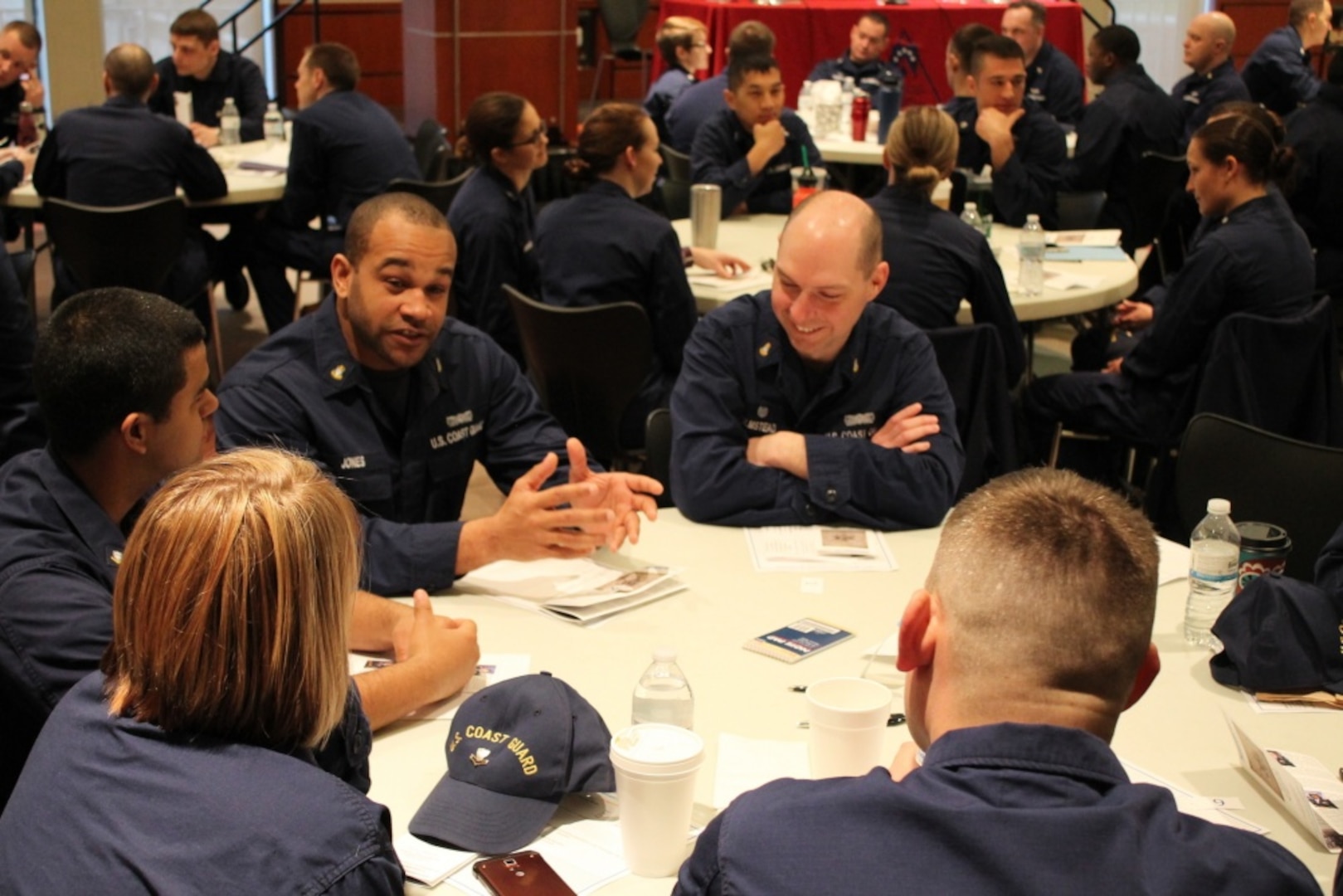 Chief Petty Officer Paul Jones, executive officer at Aids to Navigation Team Two Rivers, Wisconsin, leads a discussion on leadership with his peers at the 3rd annual Women’s Leadership Symposium in Milwaukee, March 30, 2017. The symposium brought together leaders from all levels of the service to discuss leadership, mentorship and resources available to contribute to the success of the Coast Guard’s missions. (Coast Guard photo by Lt. j.g. Tom Morrell)